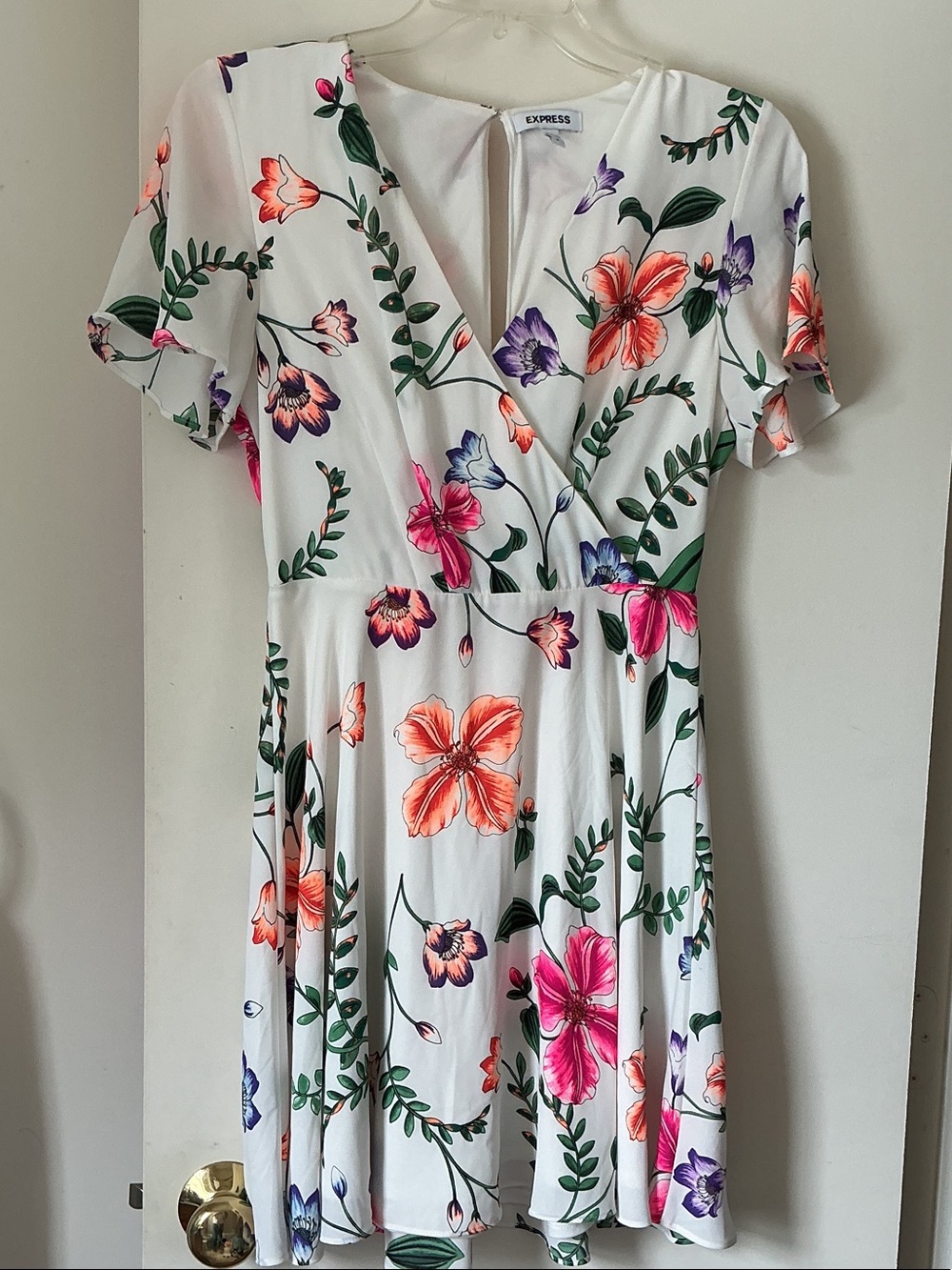 Express White Floral Wrap Mini Dress with Pink, Orange and Purple Blooms